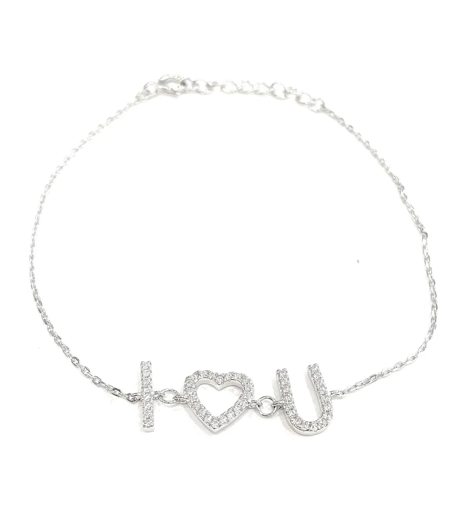 925 Sterling Silver Rhodium Plated Cubic Zirconia Bracelet "I (Heart) You" with Spring Clasp - Adjustable 14-16.5 Inches