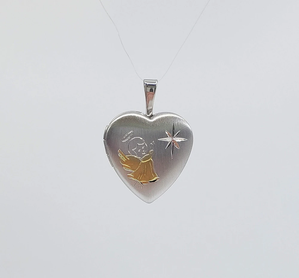 925 Sterling Silver with Angel Etched in Gold Plating Locket - 16mm x 17mm