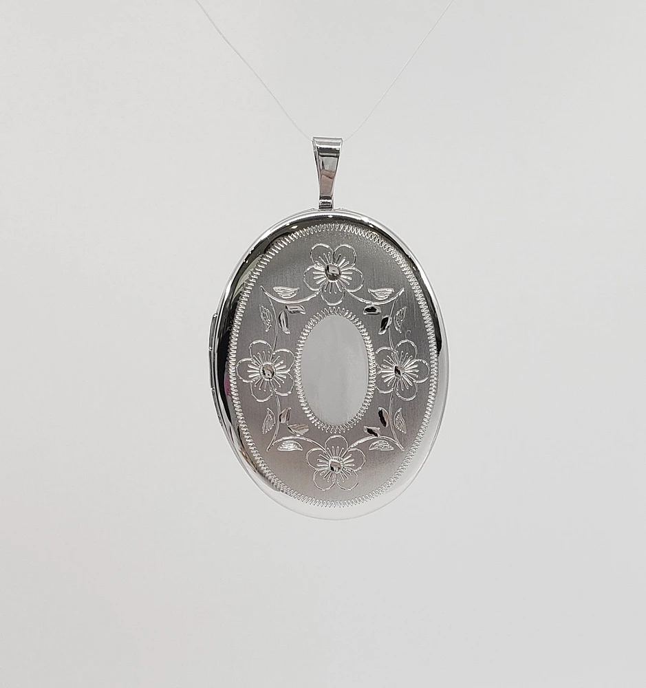 925 Sterling Silver Brushed Floral Etched Oval Locket - 24mm x 26mm