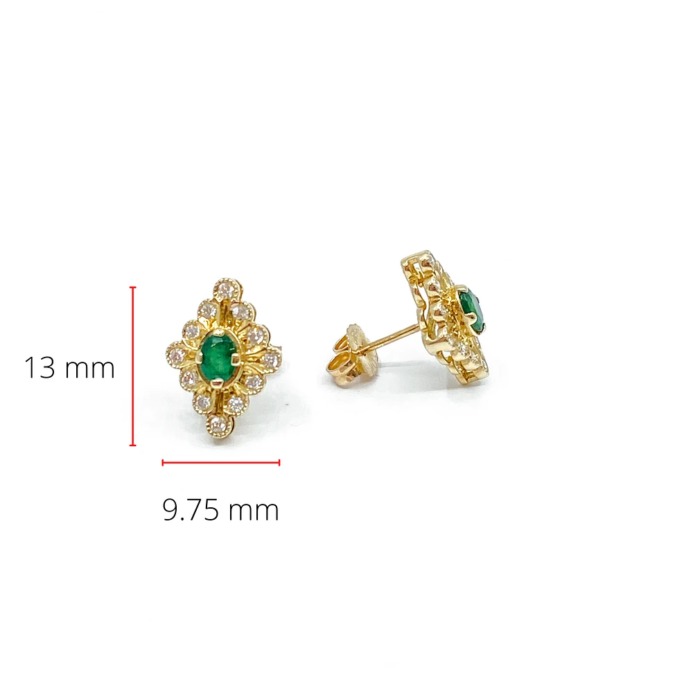 10K Yellow Gold 0.35cttw Emerald and 0.24cttw Diamond Halo Stud Earrings