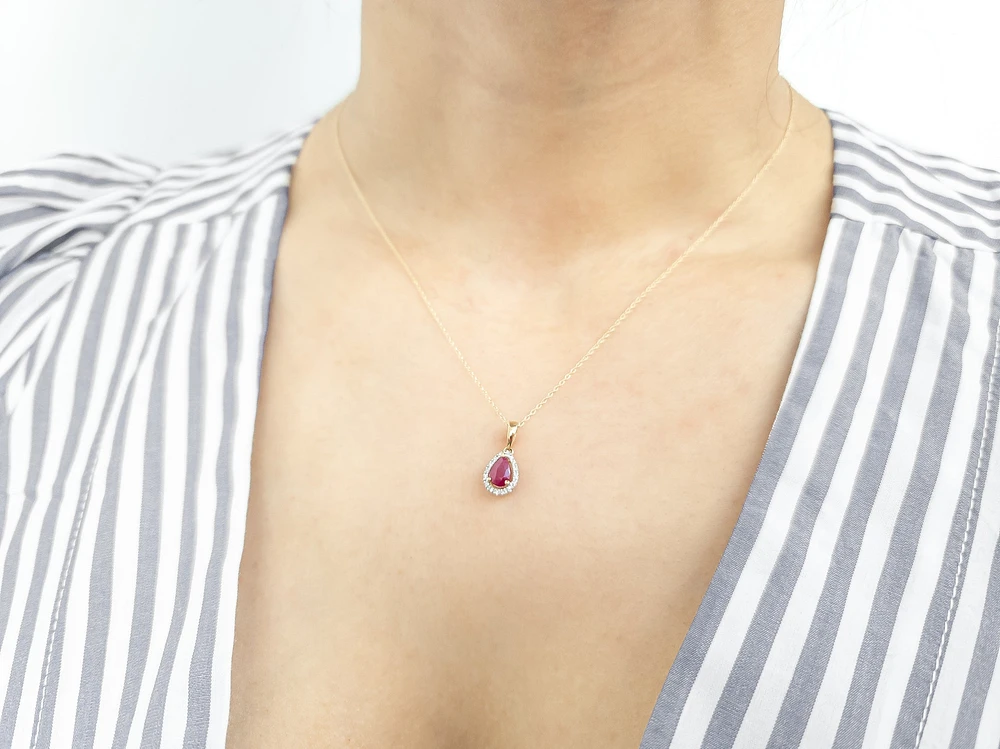 10K White Gold Genuine Ruby and Diamond Pendant, 18"