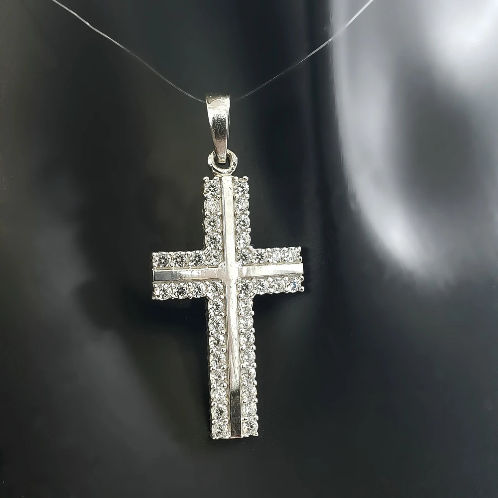10K White Gold Cubic Zirconia Cross - 21mm x 13mm