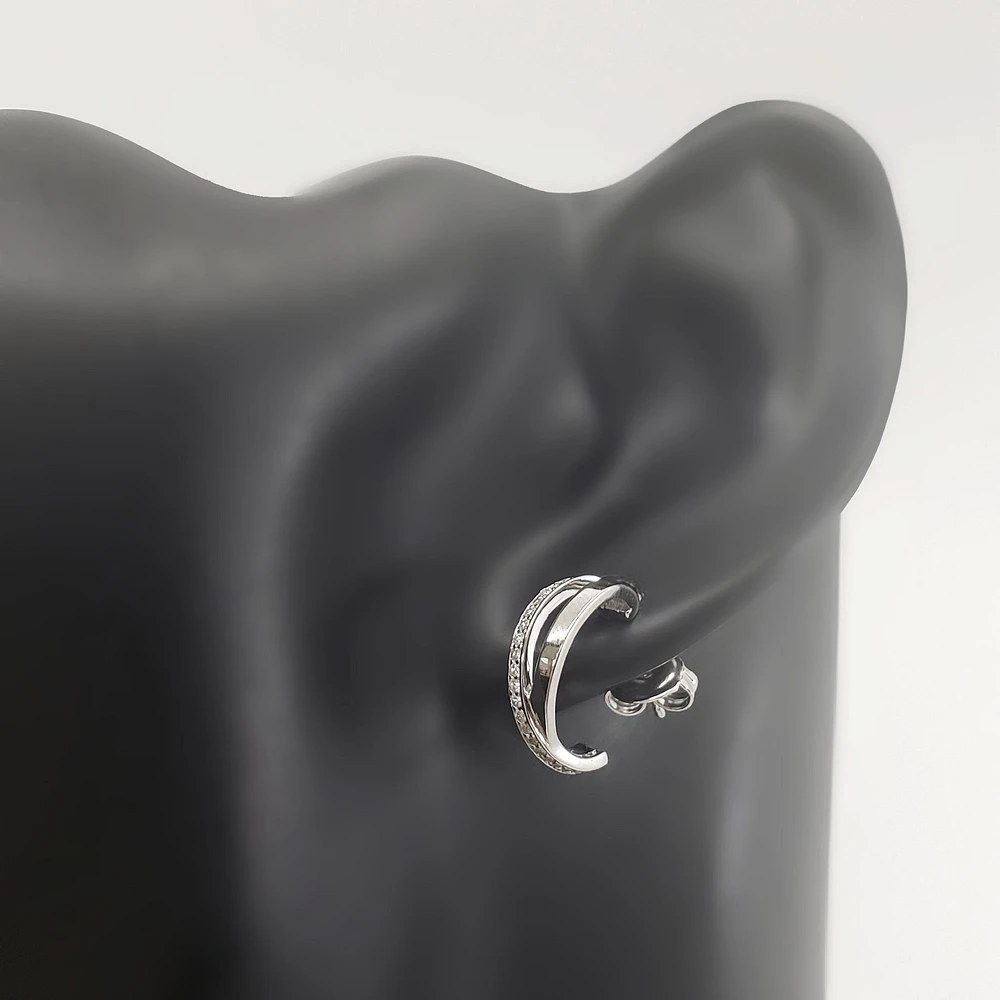 925 Sterling Silver Cubic Zirconia Double Channel Half Hoops - 14mm x 12mm
