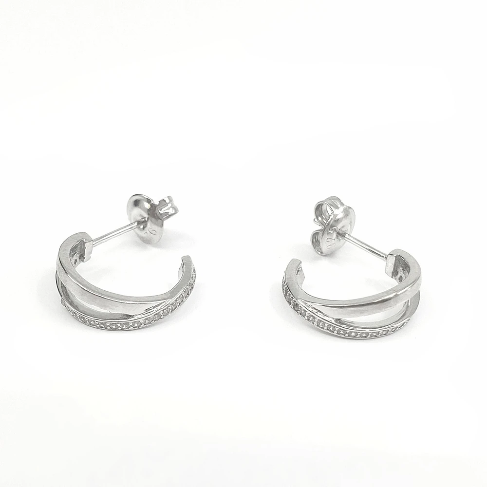925 Sterling Silver Cubic Zirconia Double Channel Half Hoops - 14mm x 12mm