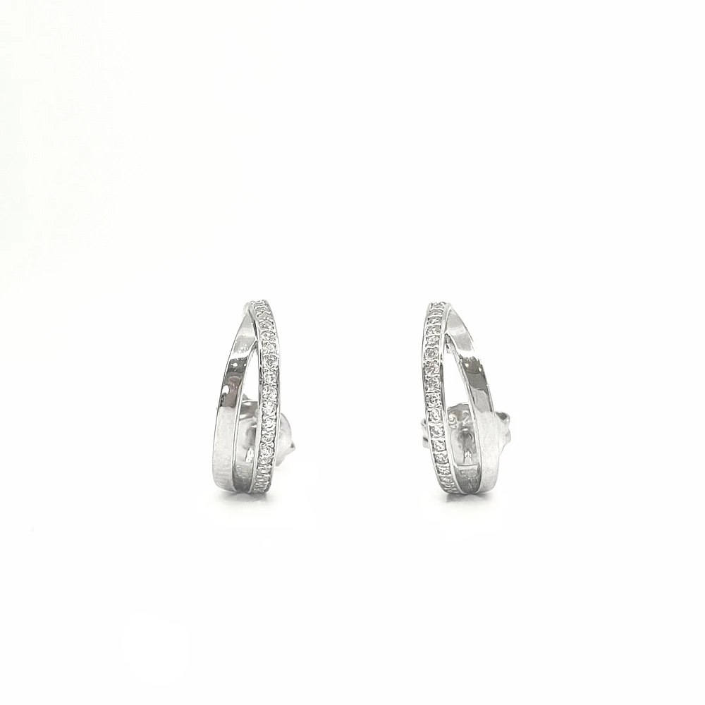 925 Sterling Silver Cubic Zirconia Double Channel Half Hoops - 14mm x 12mm