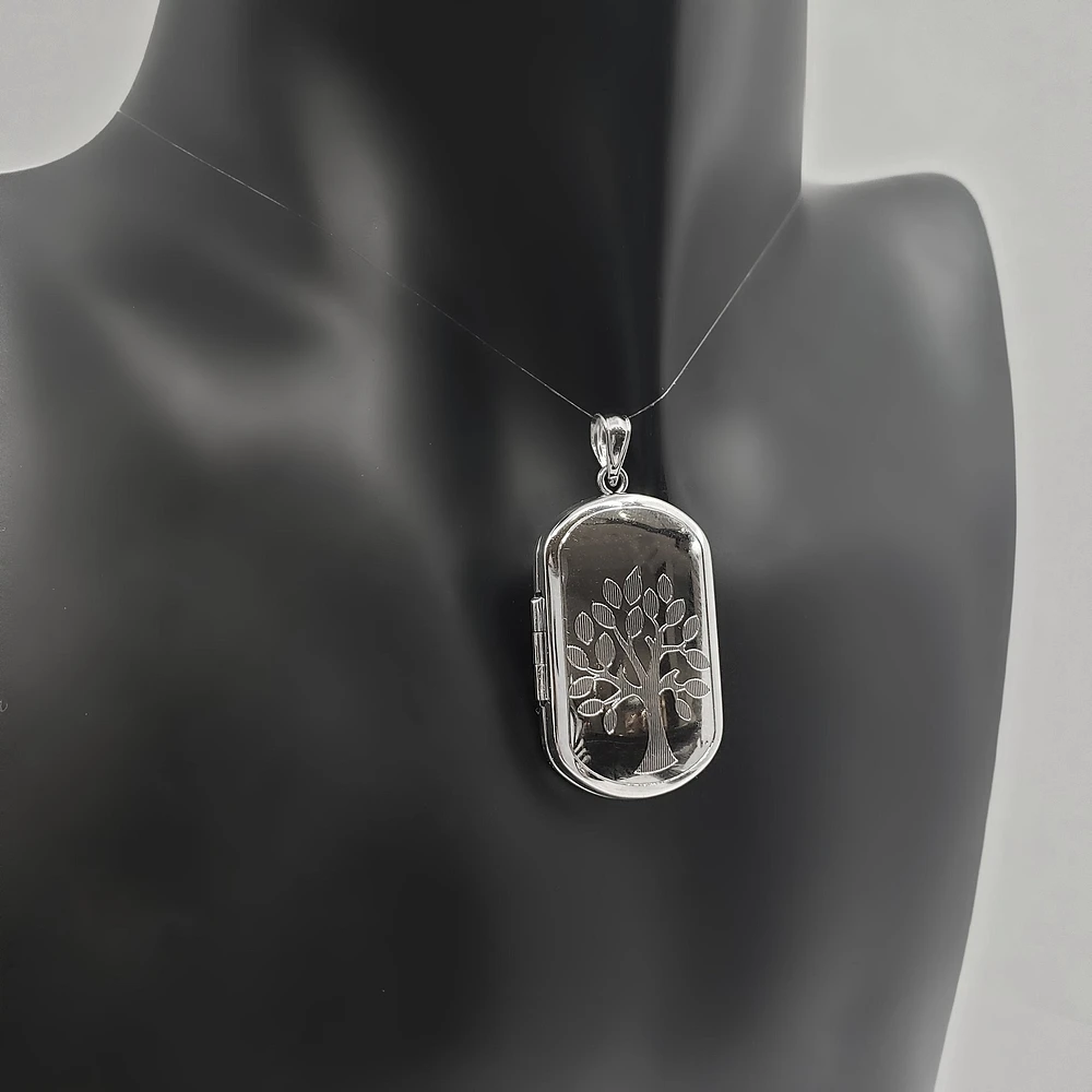 925 Sterling Silver Family Tree Engraved Rectangular Locket - 30mm x 18mm