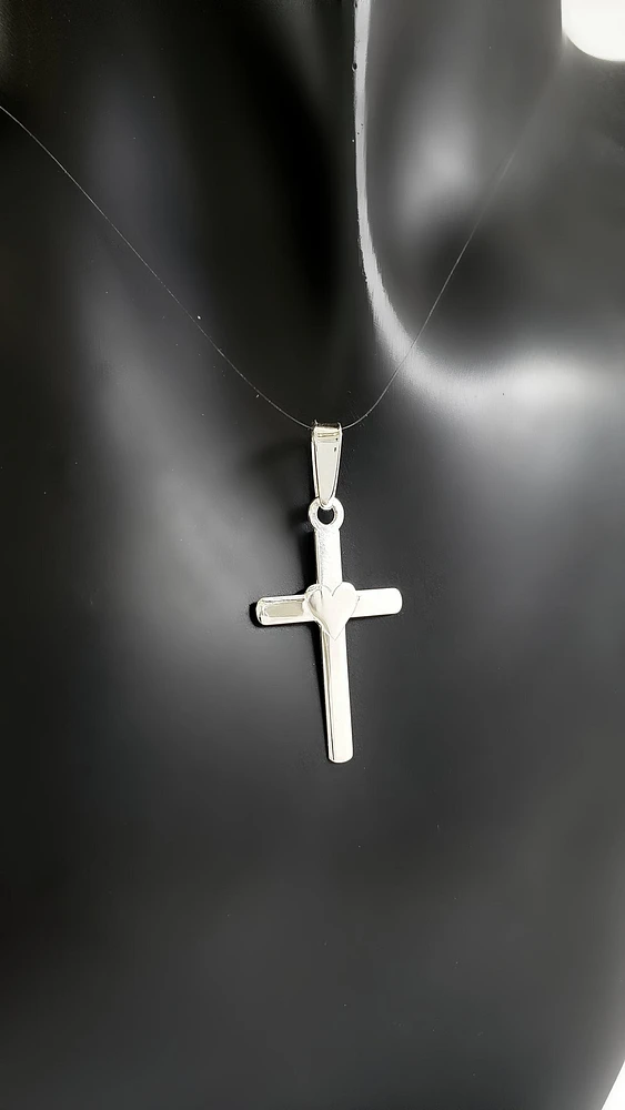 925 Sterling Silver 25mm x 15mm Flat Cross Charm with a Heart Center