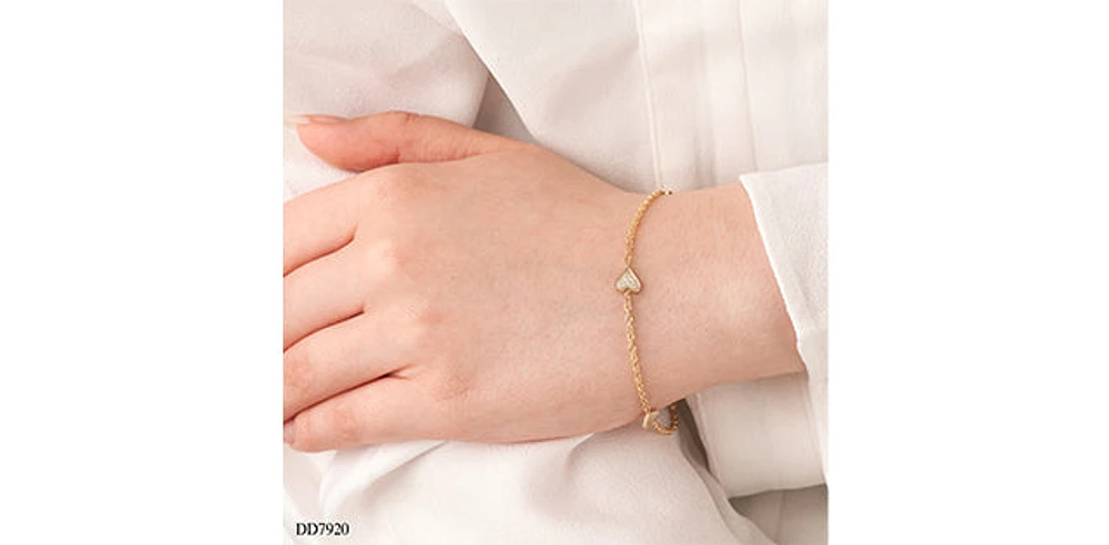 10K Yellow Gold 0.05cttw Diamond Heart Shaped Tennis Bracelet, 7"