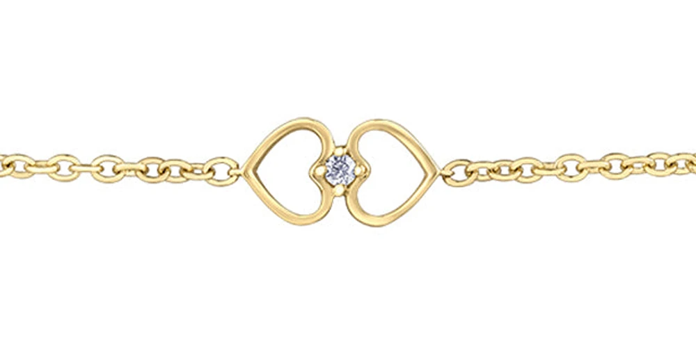 10K Yellow Gold 0.04cttw Diamond Heart Shaped Tennis Bracelet, 7"