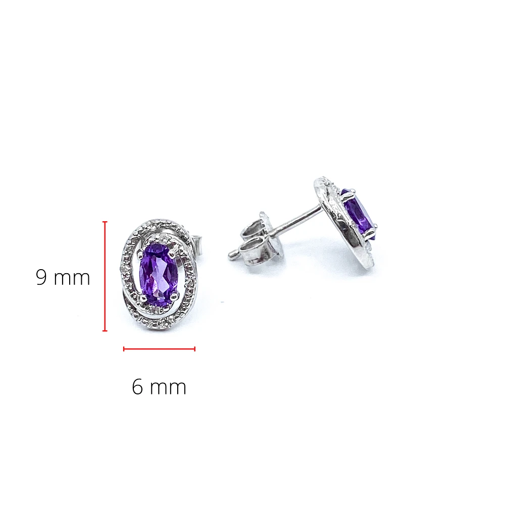 925 Sterling Silver Amethyst & Diamond Halo Stud Earrings