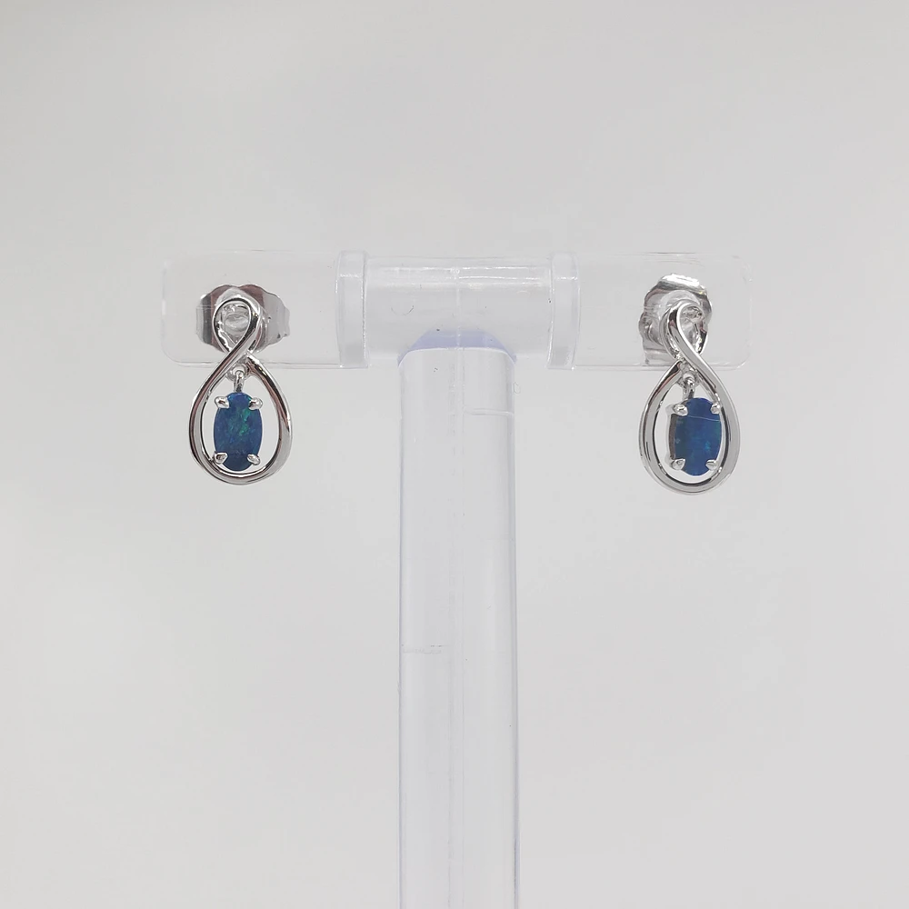 10K White Gold 5mm x 3mm Australian Doublet Opal Earrings