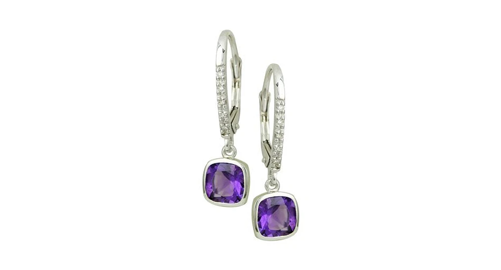 10K White Gold 5.5mm x 5.5mm Amethyst and 0.04cttw Diamond Drop Earrings with Lever Backs