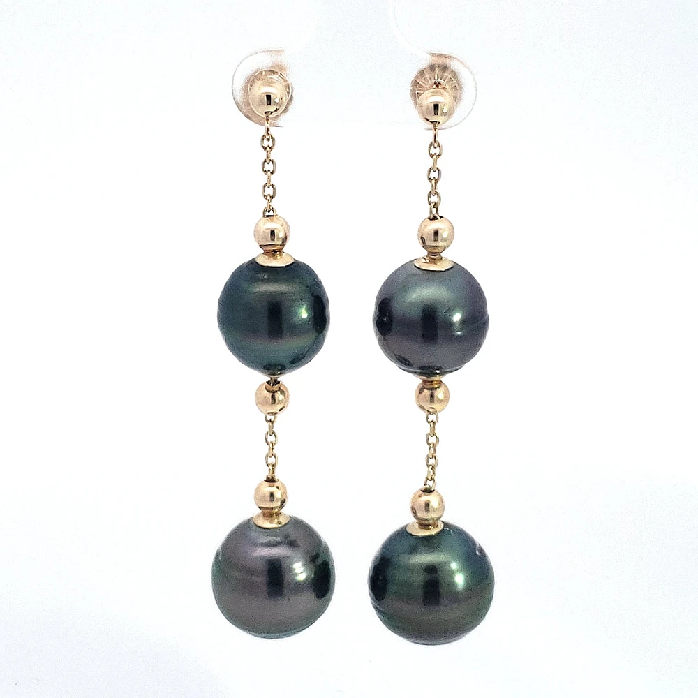 14K Yellow Gold 12.5-14mm Tahitian Pearl Dangle Earring