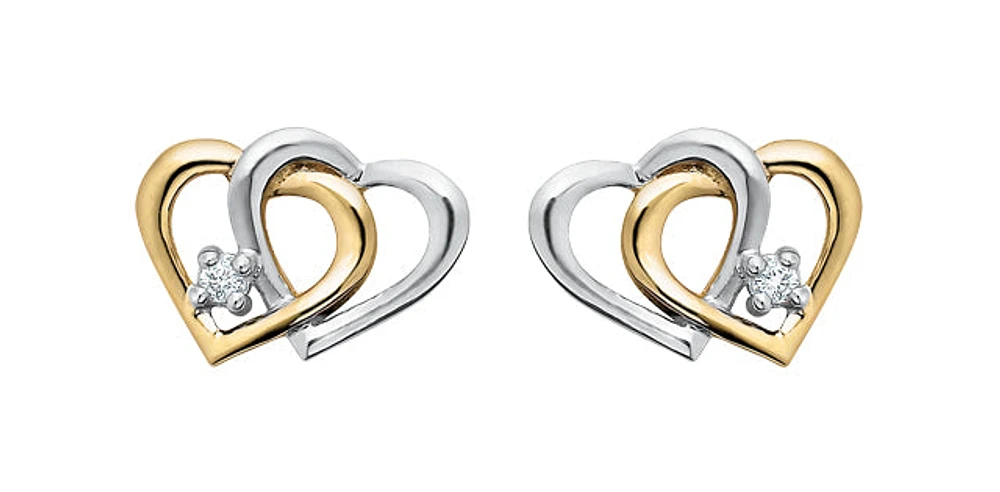 10K Yellow & White Gold Diamond Double Heart Earrings 0.03cttw