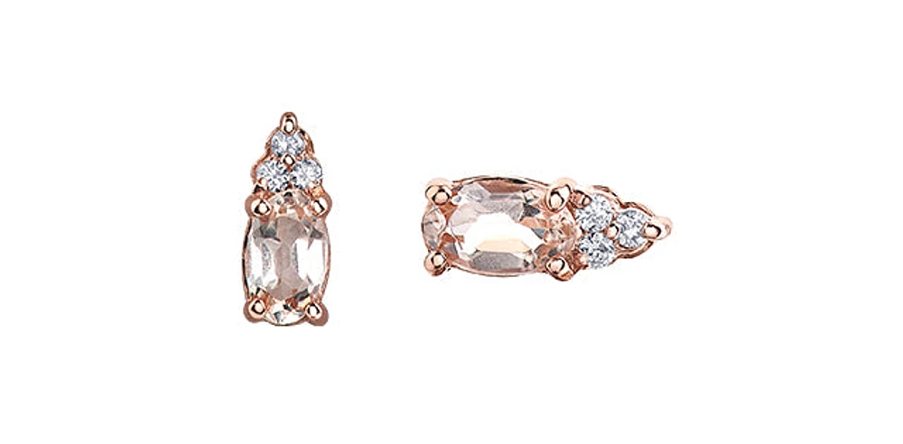 10K Rose Gold 0.50cttw Genuine Oval Cut Morganite & 0.05cttw Diamond Stud Earrings