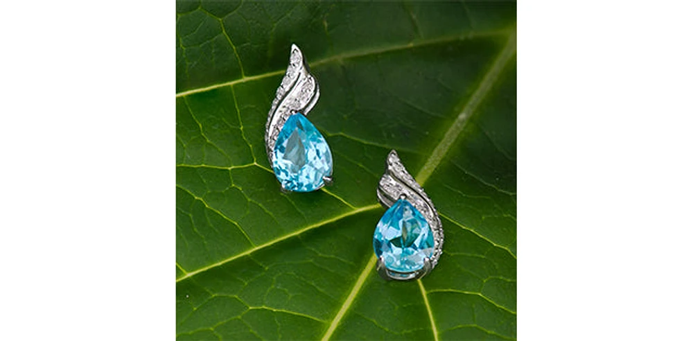 10K White Gold  Blue Topaz &  Diamond Stud Earrings