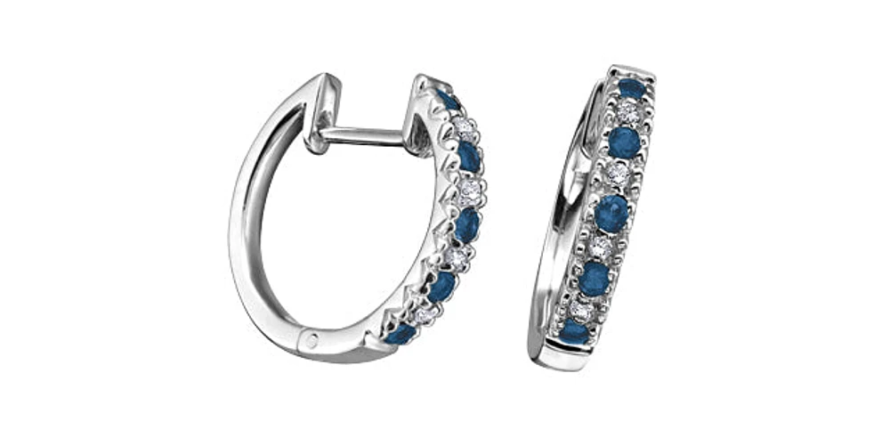 10K White Gold 0.20cttw Genuine Sapphire & 0.04cttw Diamond  Hoop Huggie Hinged Earrings