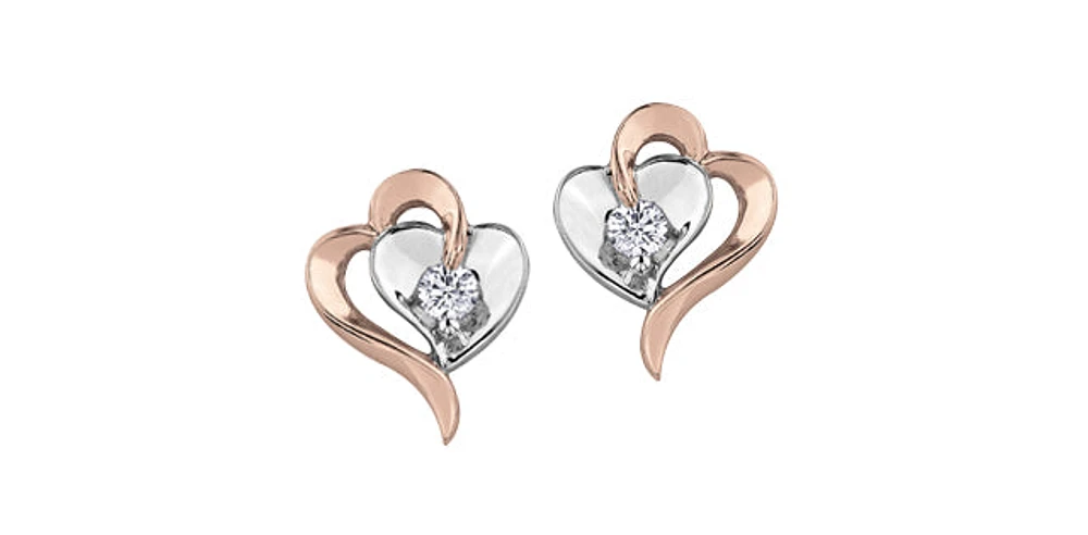 10K White & Rose Gold 0.08cttw Round Cut Canadian Diamond Heart Earrings