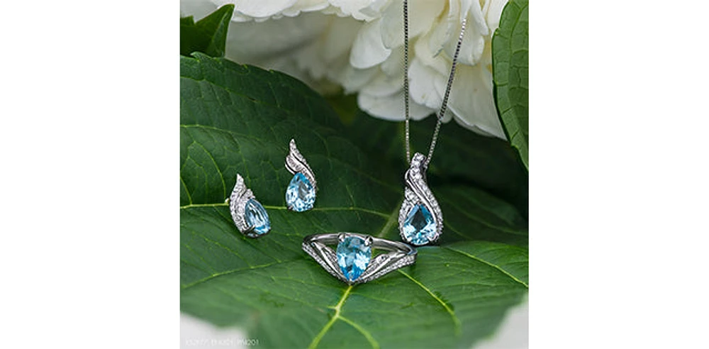 10K White Gold  Blue Topaz &  Diamond Stud Earrings