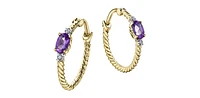 10K Yellow Gold  Amethyst and Diamond Hoop Earrings