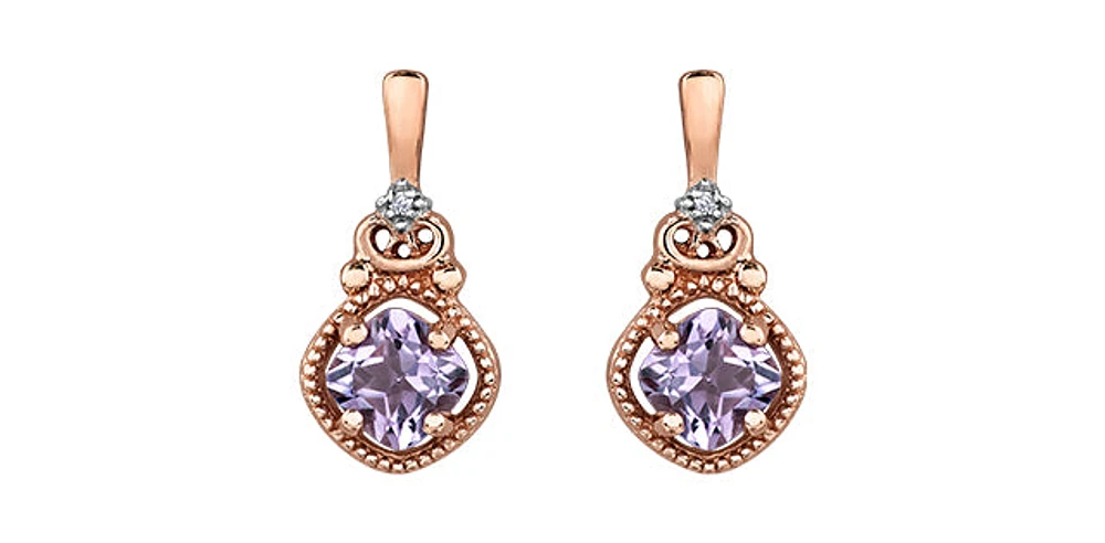 10K Rose Gold Pink Amethyst and Diamond Dangle Earrings