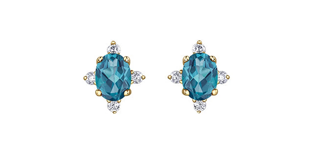 10K Yellow Gold Blue Topaz and Diamond Earrings