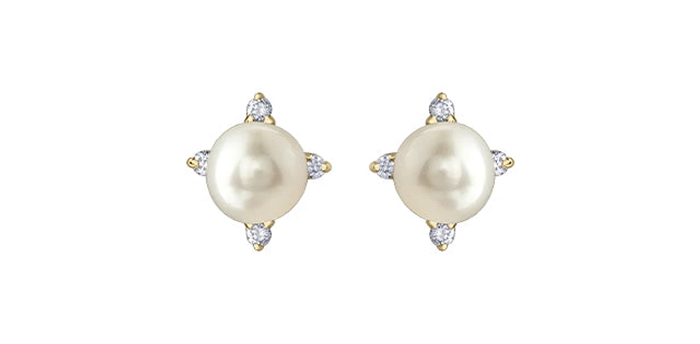 10K Yellow Gold Pearl and Diamond Earrings with Butterfly Backs