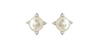 10K Yellow Gold Pearl and Diamond Earrings with Butterfly Backs