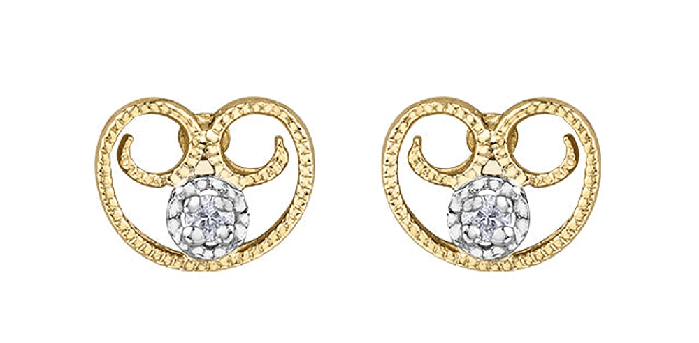 10K Yellow Gold Diamond Filigree Antique Heart Earrings 0.02cttw