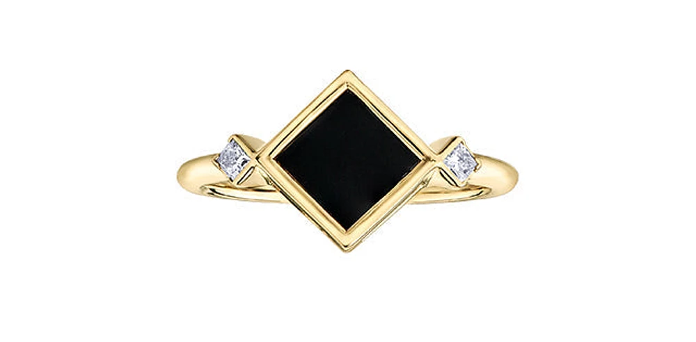 10K Yellow Gold 6mm Onyx And 0.084cttw Canadian Diamond Ring