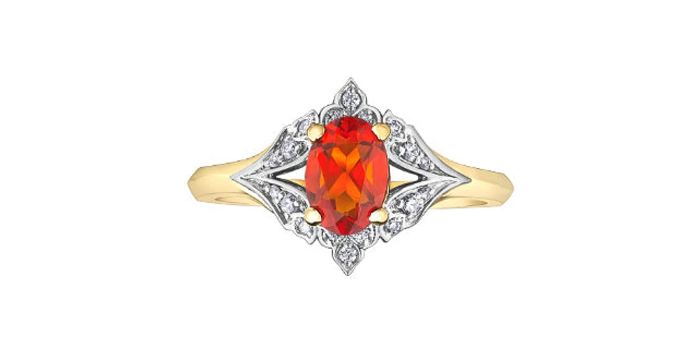 10K Two Tone Fire Opal & Diamond Ring