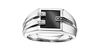 10K White Gold 0.04cttw Black Diamond Ring With Onyx Gents Ring, Size 10