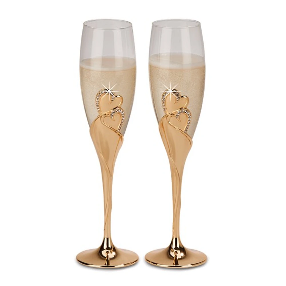 2 Pieces Champagne Flutes Gold Tone Everlasting Heart Design