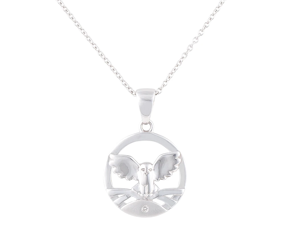 925 Sterling Silver 0.015cttw Canadian Diamond Great Snowy Owl Pendant