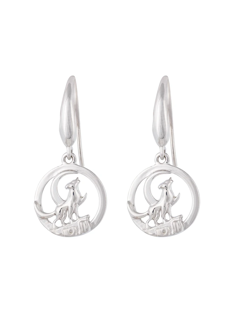 925 Sterling Silver 0.01cttw Canadian Diamond Howling Wolf Dangle Earrings