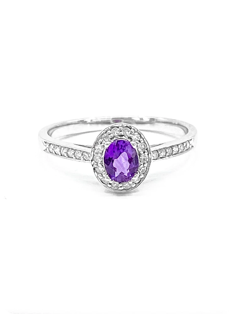 10K White Gold 0.30cttw Genuine Amethyst and 0.13cttw Diamond Halo Ring, size 6.5