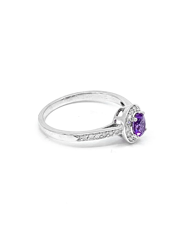 10K White Gold 0.30cttw Genuine Amethyst and 0.13cttw Diamond Halo Ring, size 6.5