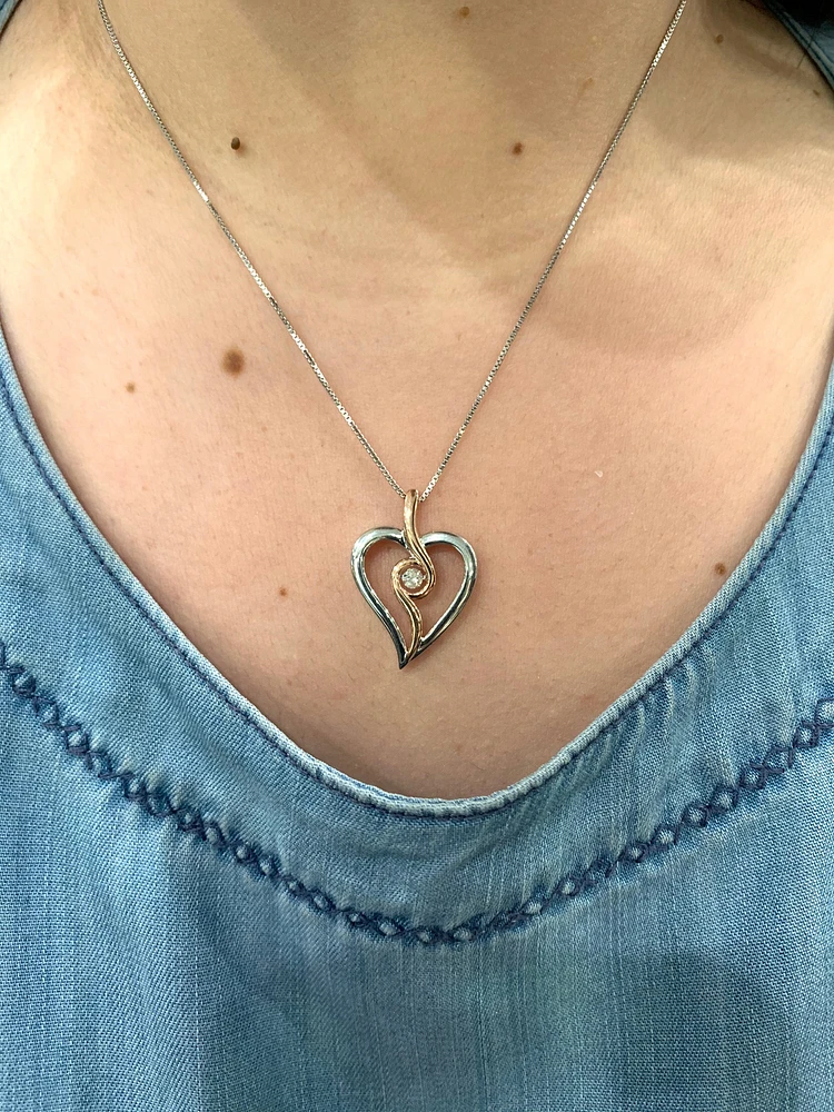10K Rose Gold and Sterling Silver 0.12cttw Canadian Diamond Heart Necklace, 18"