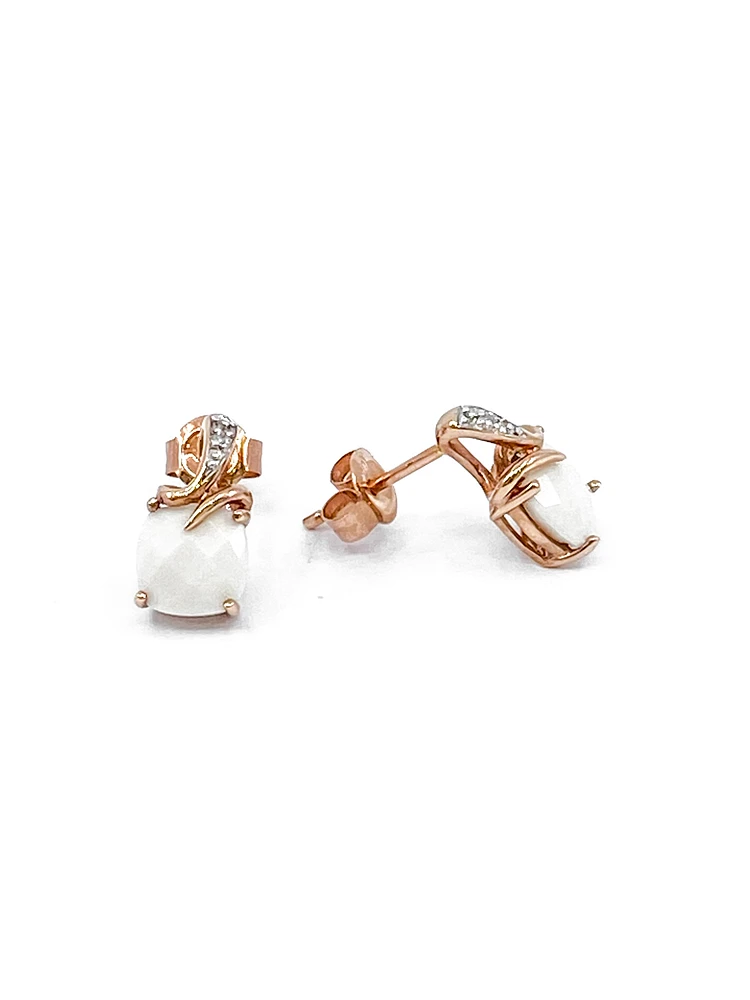 10K Rose Gold 6mm Cushion Cut Genuine Agate And 0.01cttw Diamonds Earrings