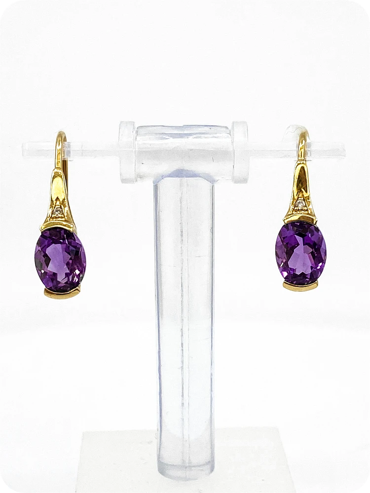10K Yellow Gold 2.40cttw Genuine Amethyst and 0.02cttw Diamond Dangle / Drop Earrings