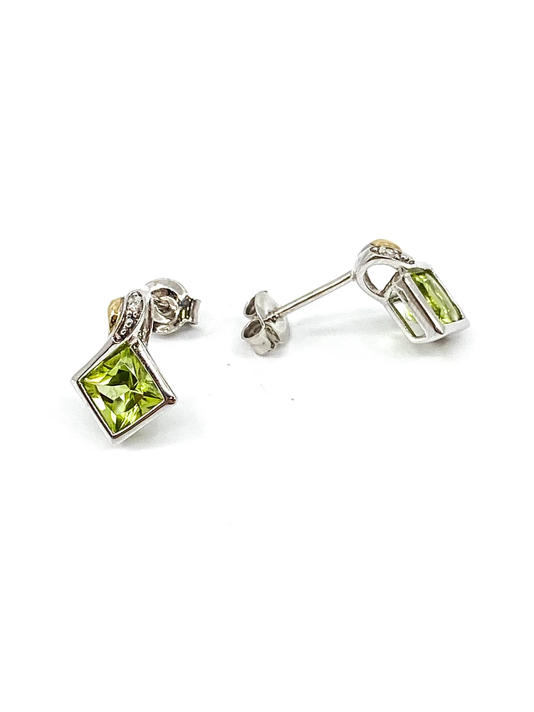 10K White & Yellow Gold 1.80cttw Genuine Peridot and 0.01cttw Diamond Earrings