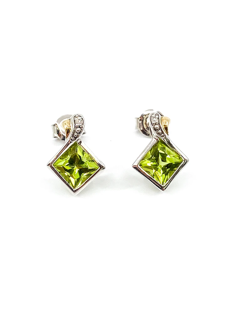 10K White & Yellow Gold 1.80cttw Genuine Peridot and 0.01cttw Diamond Earrings