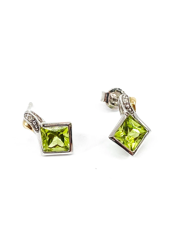 10K White & Yellow Gold 1.80cttw Genuine Peridot and 0.01cttw Diamond Earrings