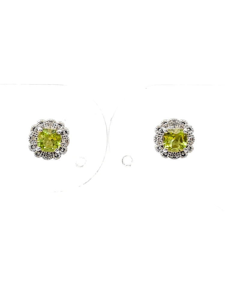 10K White Gold 1.00cttw Genuine Peridot and 0.03cttw Diamond Halo Earrings