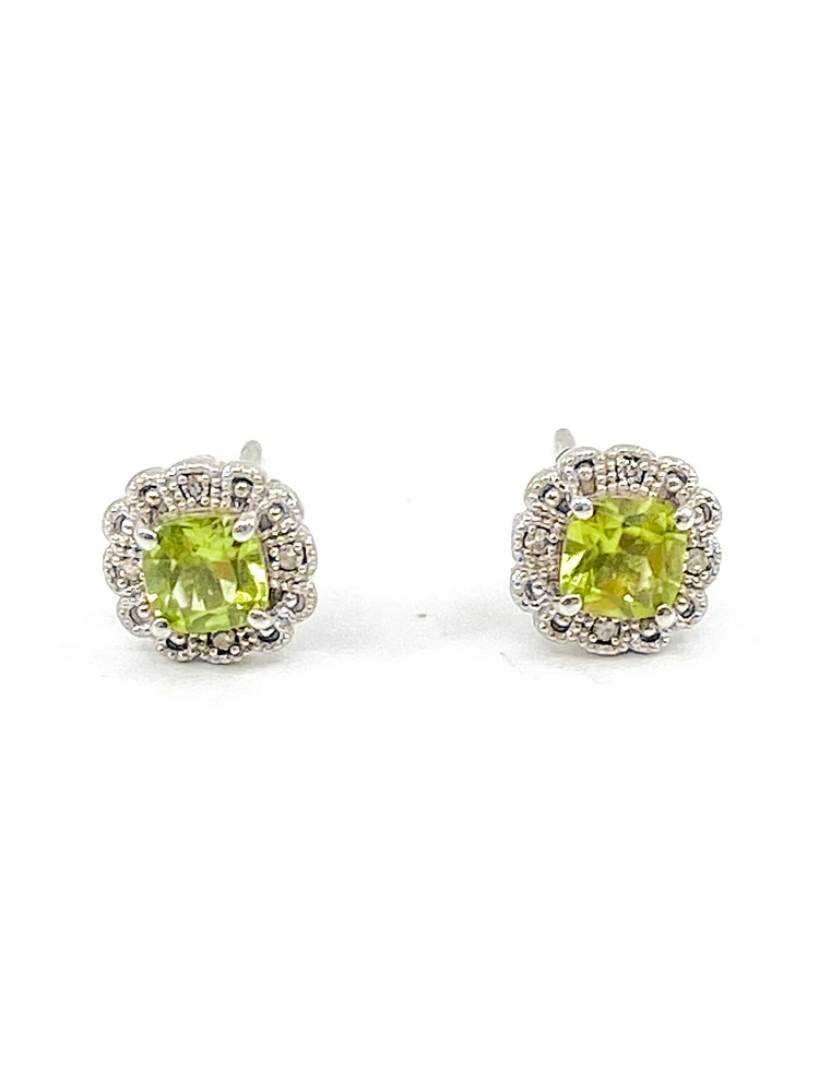 10K White Gold 1.00cttw Genuine Peridot and 0.03cttw Diamond Halo Earrings
