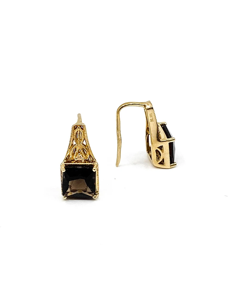 10K Yellow Gold 2.0cttw Smokey Quartz and 0.01cttw Diamond Dangle / Drop Earrings