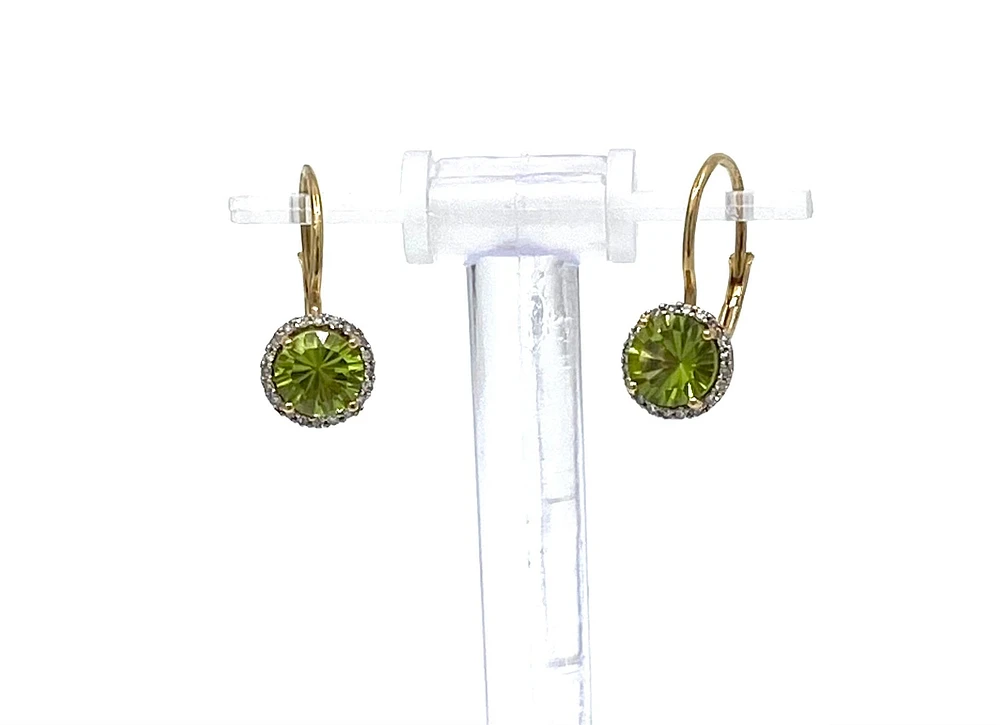 10K Yellow Gold Peridot and Diamond Lever Back Earrings