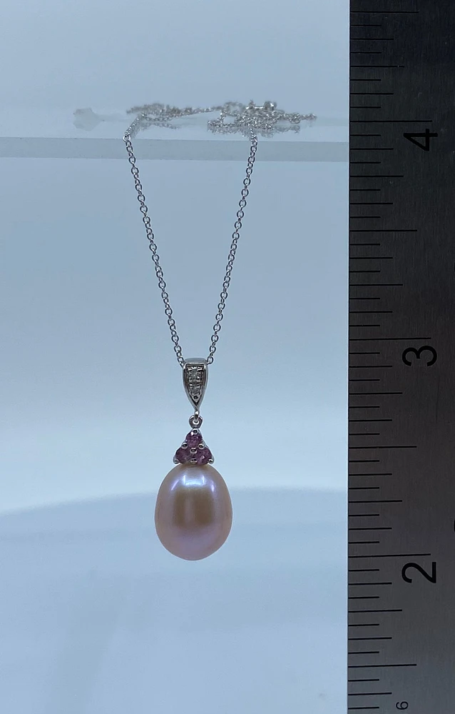 Pink Fresh Water Pearl, Pink Sapphire & Diamond Pendant
