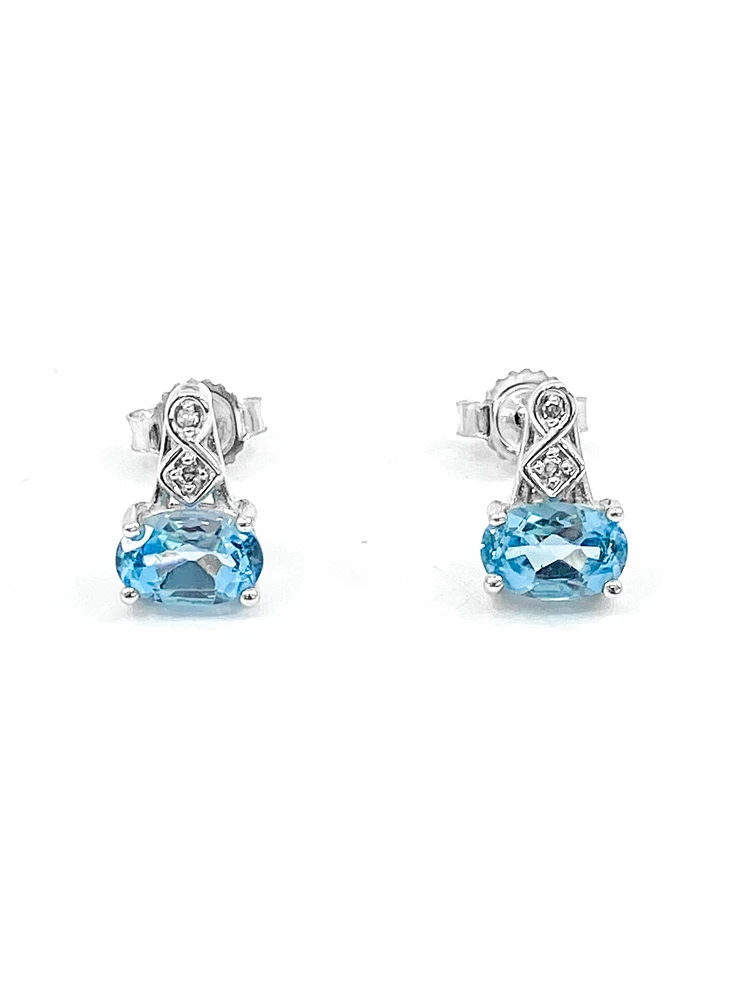 10K White Gold 1.20cttw Genuine Blue Topaz and 0.02cttw Diamond Earrings