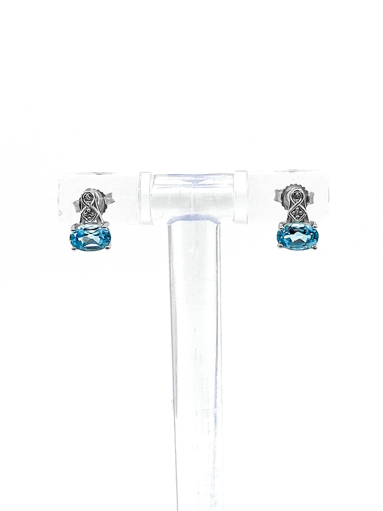 10K White Gold 1.20cttw Genuine Blue Topaz and 0.02cttw Diamond Earrings